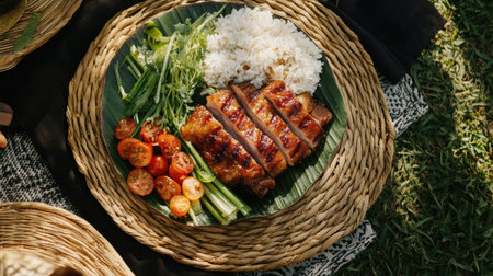 A casual outdoor picnic setting with a plate of fried pork belly, rice, and fresh vegetables, showcasing a delightful and hearty Thai meal shared among friends.の素材