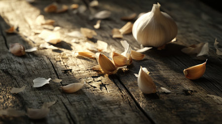 A close-up of fresh garlic bulbs and cloves scattered on a rustic wooden surface, with soft lighting highlighting their natural texture and earthy tones.の素材