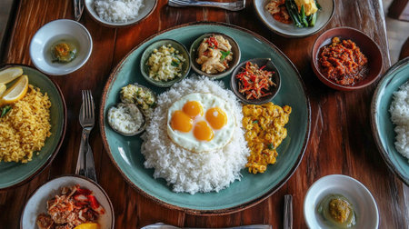 A beautifully arranged dining table with plates of rice and scrambled eggs, surrounded by colorful side dishes, capturing the joy of a family meal togetherの素材