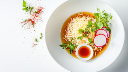 An artistic presentation of ramen with a side of dipping sauce, garnished with radish slices and herbs, highlighting the dish's vibrant colors against a white surface.の素材