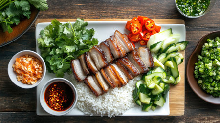 A beautifully arranged Thai meal featuring crispy pork belly alongside fragrant jasmine rice, fresh vegetables, and spicy dipping sauce, capturing the essence of Thai cuisine.の素材