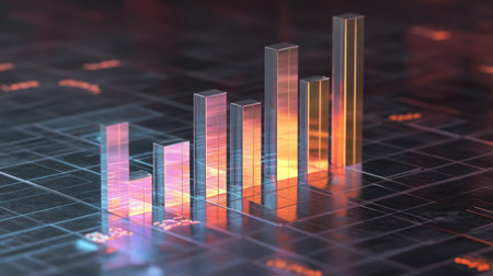 A D bar chart with metallic, glowing bars of varying heights, representing financial performance, displayed on a modern grid surface with floating numbers.の素材