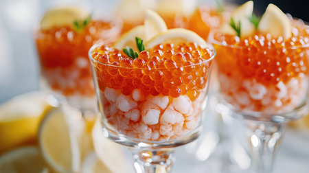 An elegant appetizer display featuring shrimp roe served in small glass cups with citrus slices, emphasizing the luxurious and colorful presentation for fine diningの素材