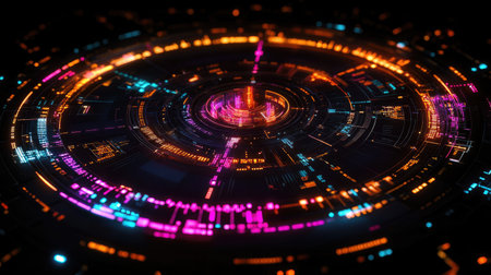 A dynamic D circular graph with rotating sections, glowing with neon colors, representing data distribution in a high-tech digital environment.の素材