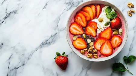 A beautiful flat lay of a strawberry smoothie bowl garnished with sliced fruits, nuts, and seeds, set against a marble background, showcasing healthy eatingの素材
