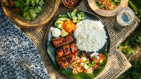 A casual outdoor picnic setting with a plate of fried pork belly, rice, and fresh vegetables, showcasing a delightful and hearty Thai meal shared among friends.の素材