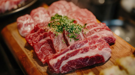 A close-up shot of various cuts of raw meats, including beef, pork, and chicken, neatly arranged on a wooden cutting board with fresh herbs and spices, showcasing their rich colors and textures.の素材