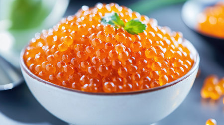 A close-up of a bowl filled with shrimp roe, glistening under the light, showcasing its rich texture and vibrant color, perfect for highlighting seafood delicaciesの素材