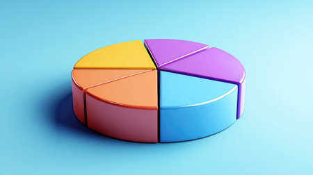A colorful D pie chart with vibrant slices emerging from a circular base, casting realistic shadows on a smooth background, representing clear data divisions.の素材