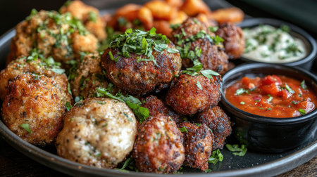 A close-up shot of a plate filled with various types of meatballs, garnished with fresh herbs and served with dipping sauces, showcasing a mouthwatering appetizerの素材