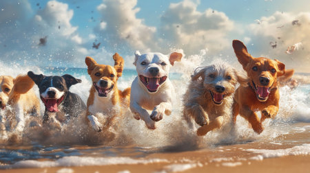 A group of adorable dogs of various breeds running together on a sandy beach, with waves crashing in the background, showcasing their playful spiritsの素材