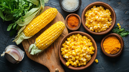 This vibrant image features fresh corn on the cob alongside bowls of yellow kernels, herbs, and spices, perfect for cooking enthusiasts and recipe developers.の素材