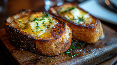 A close-up of golden-brown toasted bread, perfectly crispy, topped with a generous layer of creamy butter and a sprinkle of herbs, served on a rustic wooden board.の素材