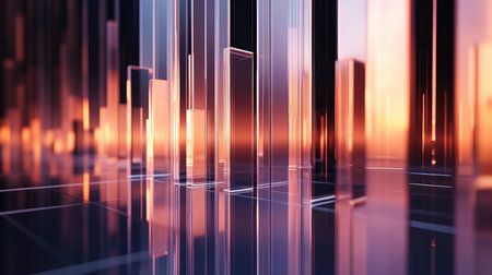 A financial D bar graph with shiny, glass-like bars showing growth over time, with a sleek digital backdrop, representing increasing profits.の素材