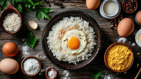 A creative flat lay of ingredients for making rice with scrambled eggs, including fresh eggs, rice, and spices, set against a rustic wooden backgroundの素材