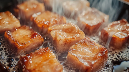 A close-up of golden, crispy deep-fried pork belly sizzling in hot oil, with bubbles forming around it, capturing the deliciousness of the dishの素材