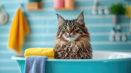 A fluffy Maine Coon cat sitting comfortably in a basin of warm water, with colorful bath accessories and a calm, serene vibeの素材