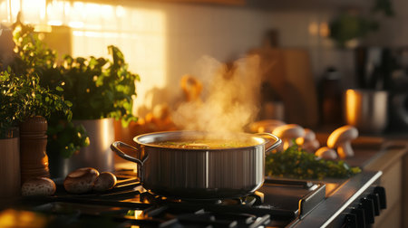 A cozy kitchen scene with a pot of mushroom soup simmering on the stove, with fresh herbs and mushrooms beautifully arranged in the backgroundの素材