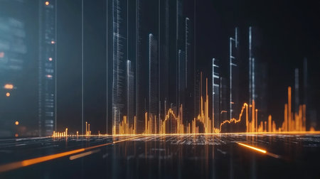 A futuristic financial chart with glowing lines and bars on a digital screen, showing rising business profits and market share growth.の素材