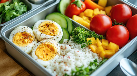 A lunchbox featuring rice and scrambled eggs along with colorful vegetables and fruit, promoting healthy eating and balanced meals for busy daysの素材