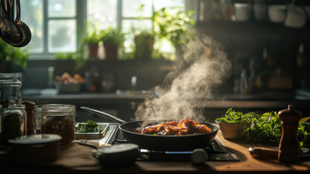 A cozy home kitchen with a pan of sizzling deep-fried pork belly, complemented by aromatic herbs and spices, creating a warm and inviting atmosphereの素材