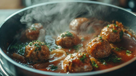 A creative shot of meatballs being dropped into a simmering pot of sauce, with steam rising and herbs floating, capturing the essence of home-cooked comfort foodの素材