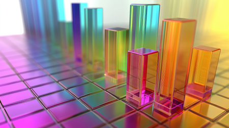 A colorful D bar graph with transparent bars rising from a digital grid, representing stock market data trends, set in a high-tech financial environment.の素材