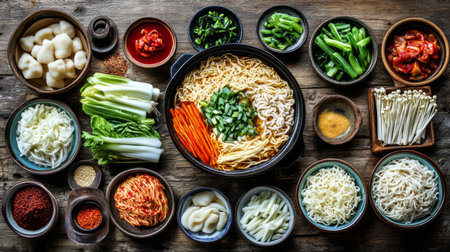 A visually appealing flat lay of fresh vegetables and noodles arranged on a rustic wooden table, showcasing the vibrant colors and textures ideal for a delicious meal.の素材
