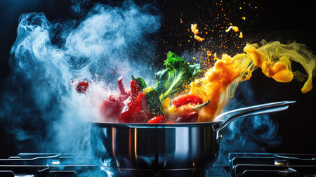 A dynamic shot of a chef stirring a bubbling pot on the stove, with steam rising and rich colors from the ingredients, showcasing the excitement and passion involved in cooking.の素材