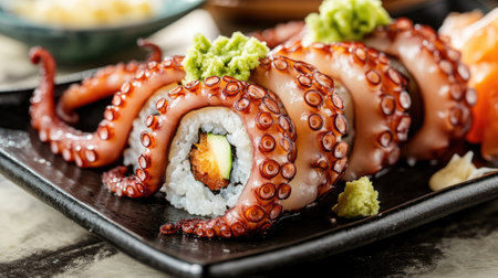 A plate of octopus tentacles served as sushi, beautifully arranged with rice, wasabi, and pickled ginger, highlighting Japanese cuisine.の素材