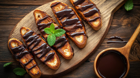 Enjoy a tempting arrangement of crispy toast slices drizzled with rich dark chocolate and accented with fresh mint. Perfect for a delightful snack or dessert.の素材