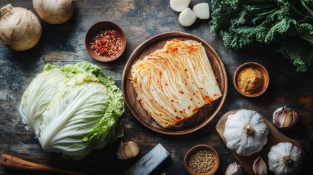 Explore fresh ingredients for making traditional kimchi, featuring vibrant napa cabbage, garlic, and spices. Ideal for culinary enthusiasts and healthy meal prep.の素材