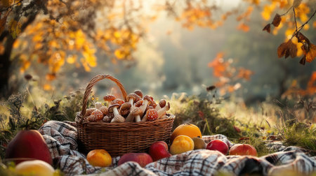 A rustic picnic setting with a basket full of freshly picked mushrooms, surrounded by blankets, fruits, and a beautiful nature backdropの素材