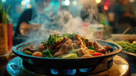 A sizzling hot plate of   Moo Krata filled with marinated pork slices, colorful vegetables, and herbs, bubbling away, with steam rising and a vibrant setting showcasing a communal dining experience.の素材