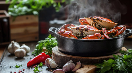 A rustic kitchen scene featuring a steaming pot of crabs being prepared, with fresh ingredients like garlic, chili, and herbs displayed on the countertop, capturing the cooking process.の素材