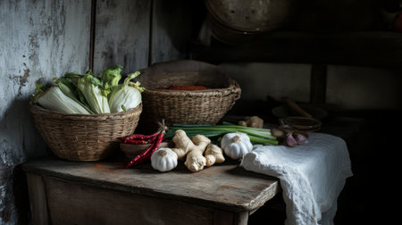 A beautiful arrangement of fresh organic vegetables and spices sits on a rustic wooden table, showcasing the vibrant colors and textures of nature's bounty in a serene kitchen atmosphere.の素材
