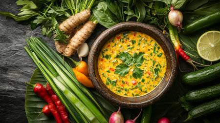 A vibrant vegetable curry in a rustic bowl, surrounded by fresh ingredients like herbs, peppers, and lime. Perfect for showcasing healthy cooking.の素材