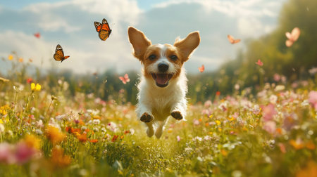 A wide shot of a dog running joyfully through a field of wildflowers, with butterflies fluttering around, showcasing the beauty of nature and freedomの素材