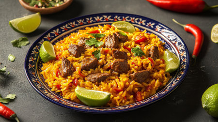 This appetizing rice dish features tender beef pieces, zesty lime, fresh cilantro, and vibrant spices, creating a flavorful gourmet experience for any meal.の素材