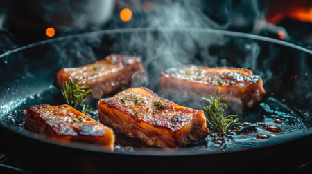Succulent grilled meat slices presented in a pan, gently steaming with aromatic herbs. Perfect for showcasing culinary excellence and delicious home-cooked meals.の素材