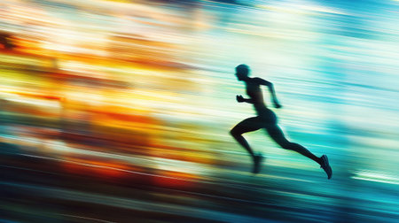A sports scene showing a runner in motion, capturing the power and dynamics of the human body, with focus on muscles and endurance against a blurred backgroundの素材