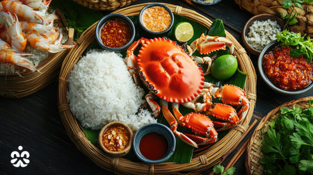 A top-down view of a traditional Thai meal, highlighting a beautifully arranged plate of steamed crabs alongside rice, spicy dipping sauces, and colorful side dishes.の素材