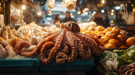 A vibrant seafood market scene with octopus tentacles on display, the suction cups glistening under the fresh water mist, alongside other fresh seafood.の素材