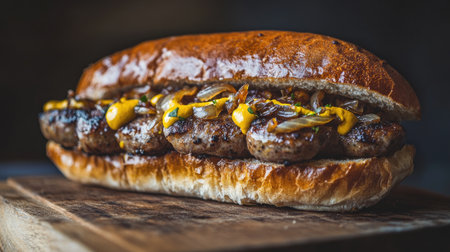 A vibrant food photography shot of a sausage sandwich topped with caramelized onions and mustard, presented on a wooden board, enticing food loversの素材