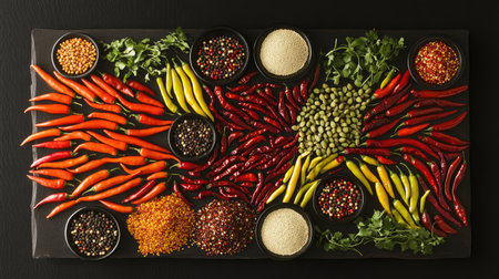 A variety of chili peppers, ranging from mild to hot, arranged in a decorative pattern on a dark background, accompanied by bowls of chili powder and flakes.の素材