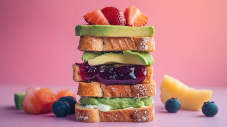 A vibrant breakfast scene featuring a stack of toasted bread slices with various spreads, including jam, avocado, and cream cheese, garnished with fresh fruits.の素材