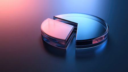 A sleek D pie chart with glass-like segments, reflecting light in a modern, minimalist setting, emphasizing data distribution and insights.の素材