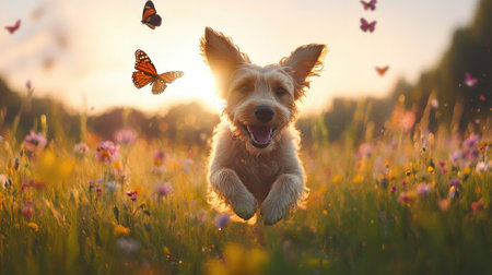 A wide shot of a dog running joyfully through a field of wildflowers, with butterflies fluttering around, showcasing the beauty of nature and freedomの素材