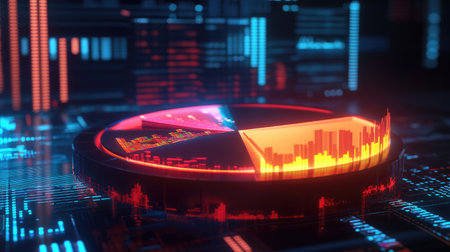 A futuristic D pie chart rotating slowly, with different sections representing stock market shares, against a digital financial background.の素材