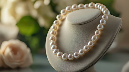 A delicate pearl necklace elegantly displayed on a jewelry stand, each pearl perfectly round and gleaming with natural beauty.の素材